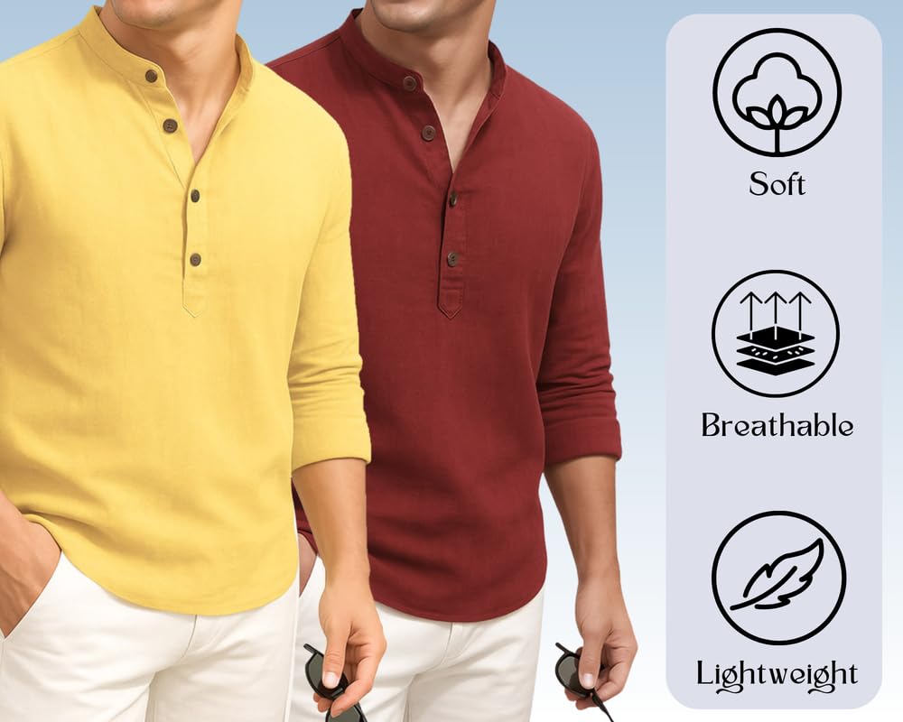 Deelmo Combo Of MenS Cotton Blend Solid Regular Fit Full Sleeve Short Kurta | MenS Trendy Short Kurta Pack Of 2 Yellow - Orang