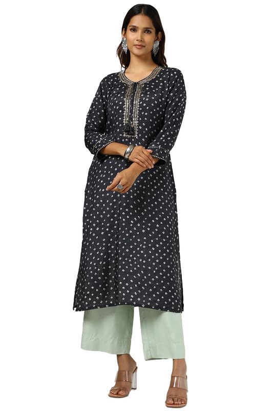Soch Womens Black Viscose Muslin Bandhani Print Kurta with Beads and Stones