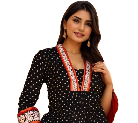 ANNI DESIGNER Women s Kurta Viscose Dress with Anarkali Printed Pants, Black, Small
