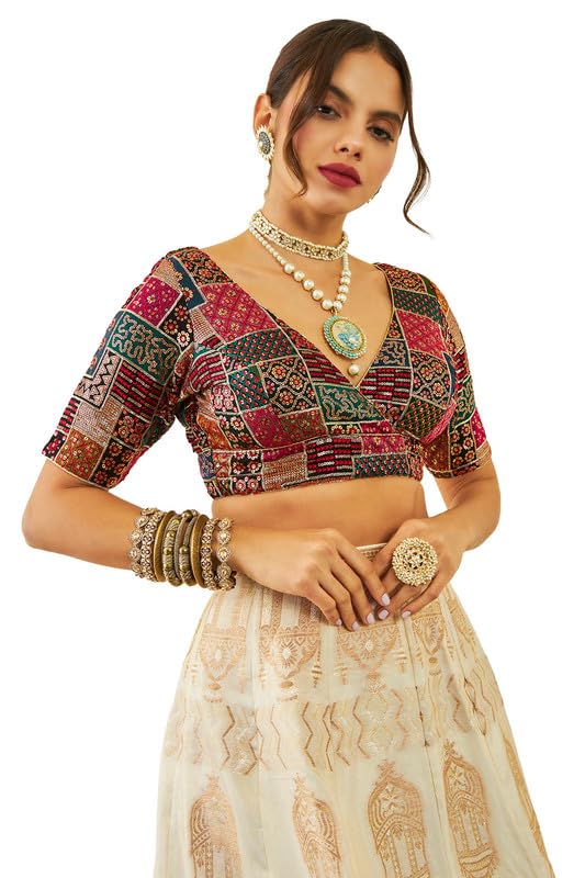Soch Womens Black Tussar Sequin Embroidered V-Neck Back-Open Blouse