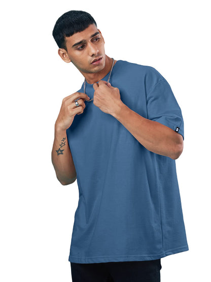 The Souled Store |Men & Boys Round Neck Denim Blue Color T-Shirt | Solid Half Sleeve Oversized | 100% Cotton T-Shirts