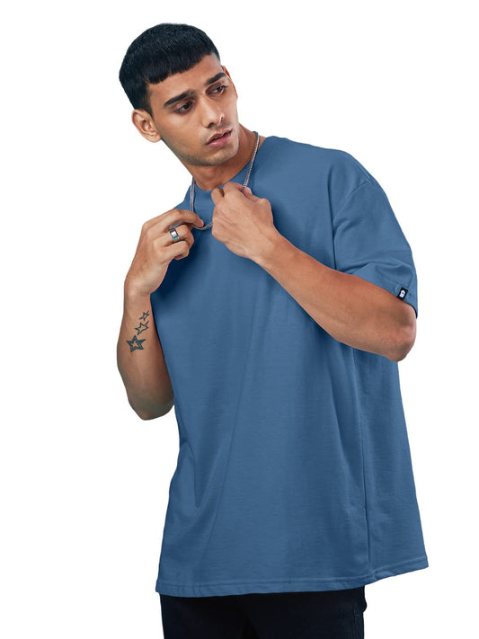 The Souled Store |Men & Boys Round Neck Denim Blue Color T-Shirt | Solid Half Sleeve Oversized | 100% Cotton T-Shirts