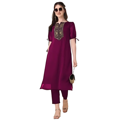 Goroly WomenS Silk Blended Solid Embroidered Pattern Straight Cut Kurta Pant With Puff Sleeve V-Neck Ankle Length And A-Line St