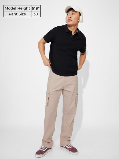 The Souled Store Solids: Sandy Brown Men and Boys Cotton Straight Fit Cargo Pants