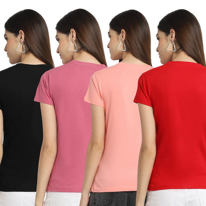 Preneum Womens Cotton Regular Fit Latest Graphic Stylish Printed Short Sleeves Casual T-Shirt (Pack 4), Black & Pink & Pink & R