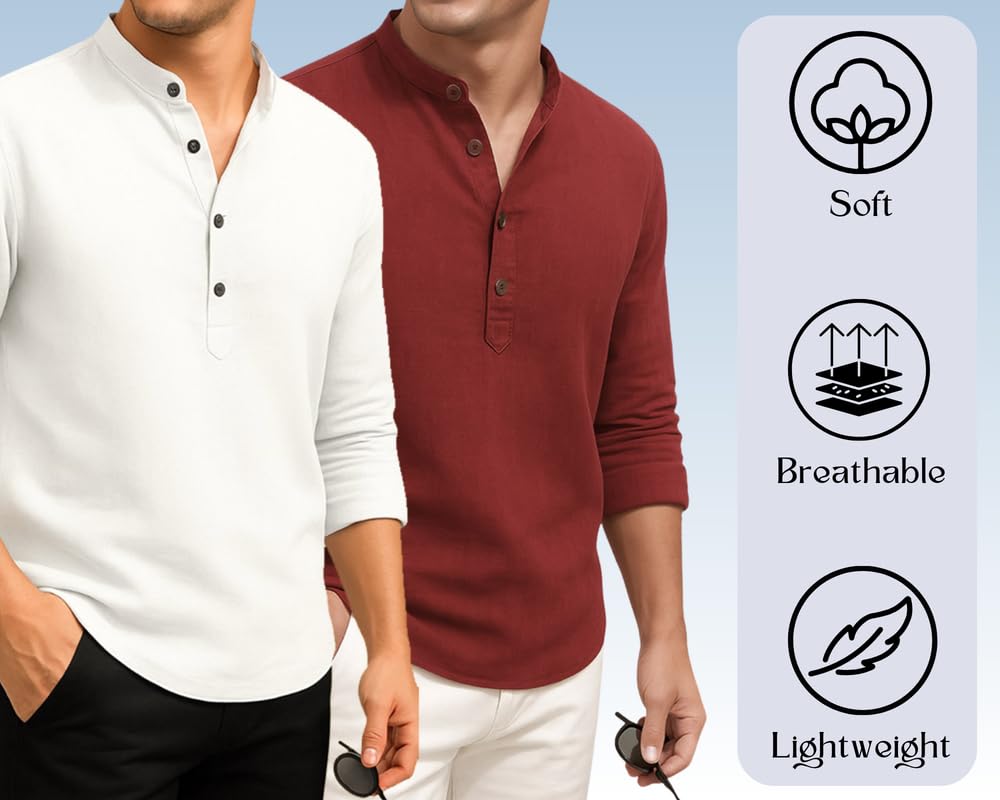 Deelmo Combo Of MenS Cotton Blend Solid Regular Fit Full Sleeve Short Kurta | MenS Trendy Short Kurta Pack Of 2 White - Red