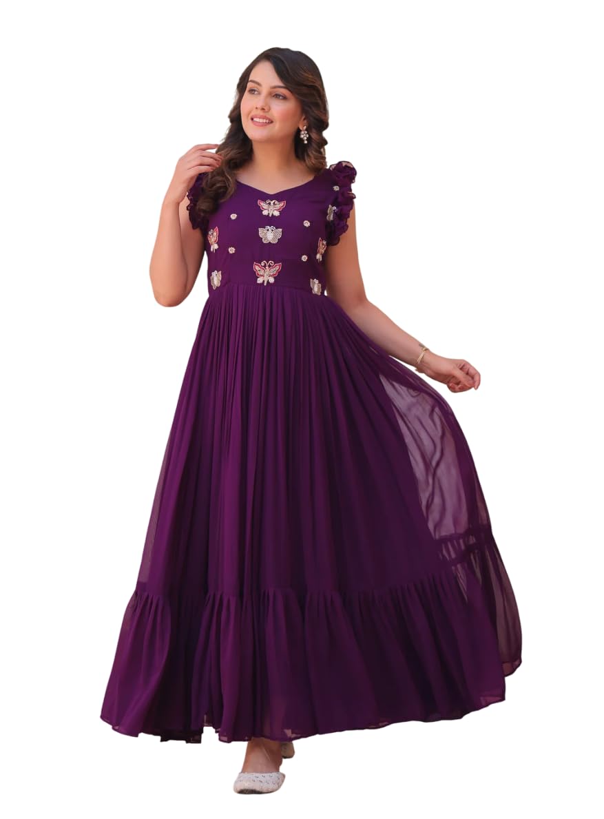 Xomantic Fashion Womens Red Color Multi Thread Embroidery Georgette Long Full Flair Gown Festival Wear Gown (In, Alpha, M, Regul