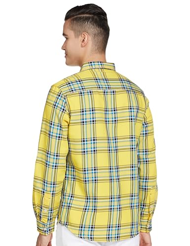 The Indian Garage Co Yellow Regular Fit Spread Collar Checkered Long Sleeves Shirt