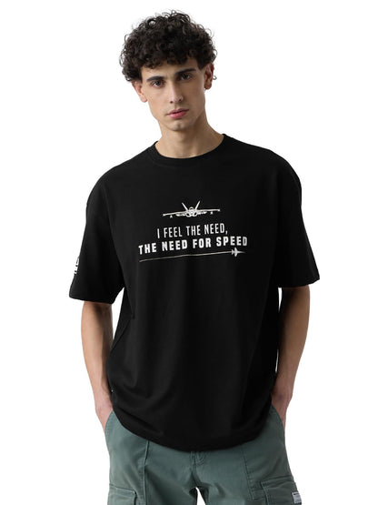 The Souled Store Top Gun: Need for Speed Men and Boys Short Sleeves Round Neck Black Graphic Printed Cotton Oversized T-Shirts