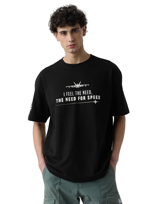 The Souled Store Top Gun: Need for Speed Men and Boys Short Sleeves Round Neck Black Graphic Printed Cotton Oversized T-Shirts