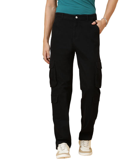 Kotty MenS Solid Mid Rise Straight Fit Stylish Looking Cargo Jeans(Black,28)