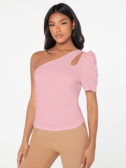 Shasmi Womens & Girls Peach Short Puff Sleeve, One Shoulder Neck, Ruched Bust Solid Tops for Women/Tops, T-Shirts for Girls (T