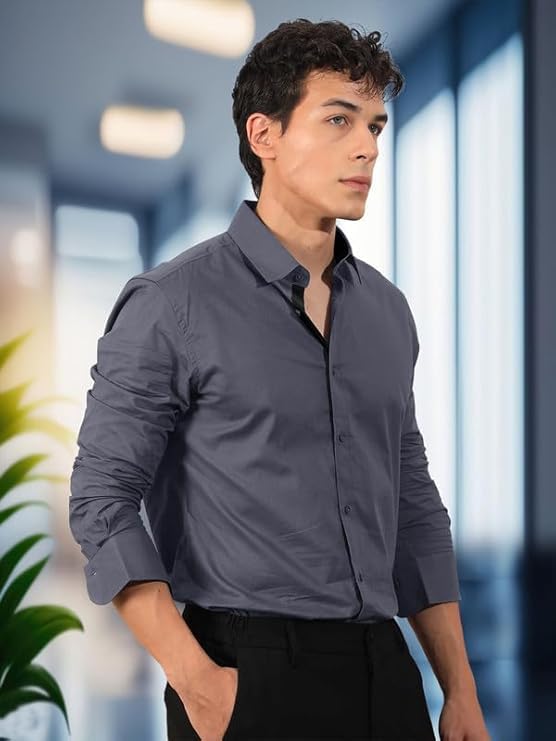 Pinkmint Mens Long Sleeve Button Down Shirt for Men Collared Casual Formal Soild Shirt Grey-White