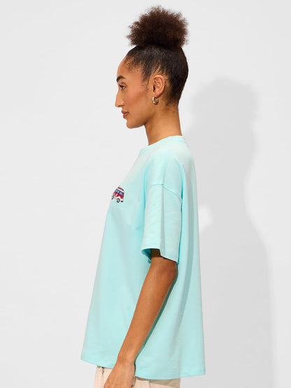 The Souled Store Explore Women and Girls Short Sleeves Round Neck Blue Embroidered Cotton Oversized T-Shirts
