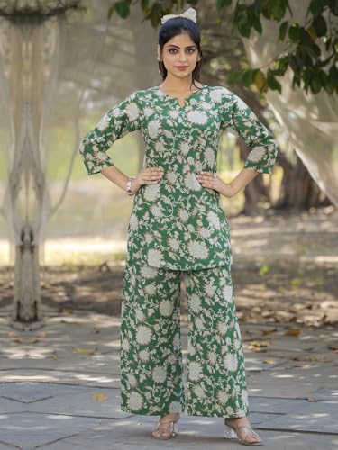 Pinkmint Pure Cotton Co Ord Set for Women l 3/4 Sleeve Printed Comfortable & Stylish Trendy Top & Bottom Matching Set Green