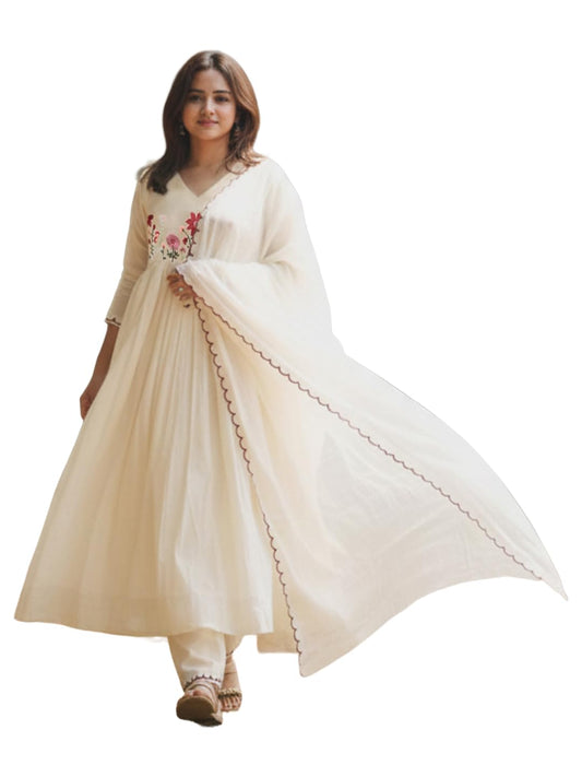 Gosriki WomenS Viscose Blend Anarkali Embroidery Kurta With Pant & Dupatta (Danika Cream-Gs_Xl_Cream_X-Large)