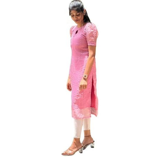 Trillmixa WomenS Organza Kurta With Keyhole Neck Half Puff Sleeves Solid Pattern Calf Length A-Line Style And Regular Fit Pink