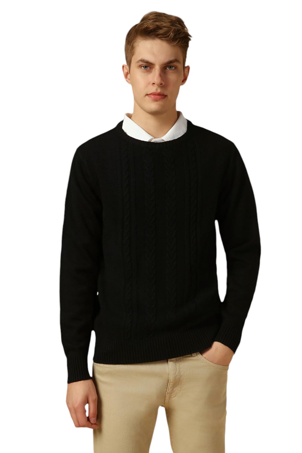 Dennis Lingo Men Black Solid Slim Fit Full Sleeve Crew Pullover Sweater