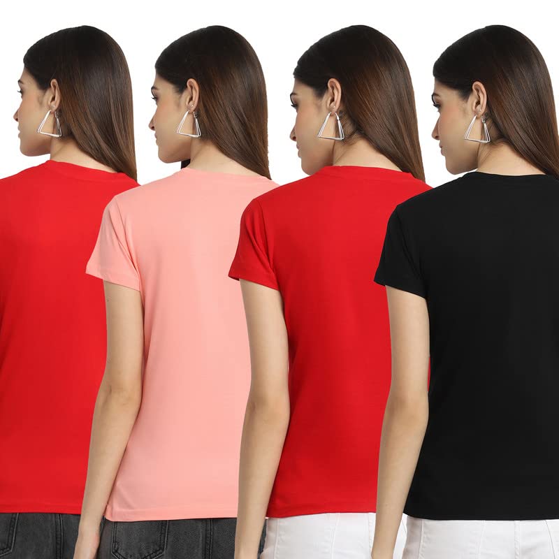 Preneum Womens Cotton Regular Fit Latest Graphic Stylish Printed Short Sleeves Casual T-Shirt || Trendy & Style (Pack 4), Red &