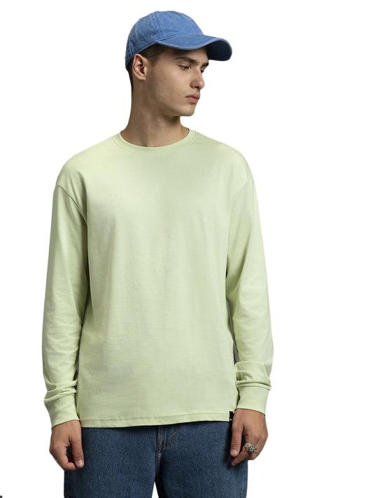 Bewakoof Mens Solid Cotton T-Shirt - Oversized Fit, Round Neck, Full Sleeves_581029_Green_XL