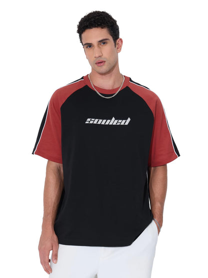 The Souled Store Oversized T-Shirt: Colourblock Black Blaze Men and Boys Short Sleeves Round Neck Black and Red Colour-Block Cot