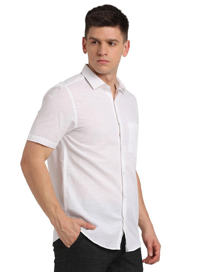 Turtle Men Cotton Linen White Solid Regular Fit Formal Shirt