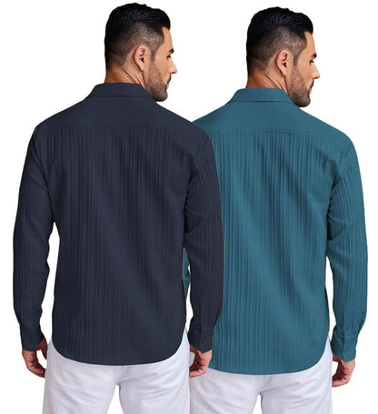 Deelmo Combo Of MenS Casual Button Down Shirts Long Sleeve Linen Shirt Fashion Textured Summer Shirts Pack Of 2