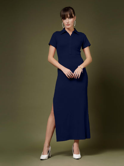 Oomph! WomenS Western & Fusion Wear Stretchable Ribbed Lycra Shirt Dress For Women, Bodycon, Dark Blue - Md1009