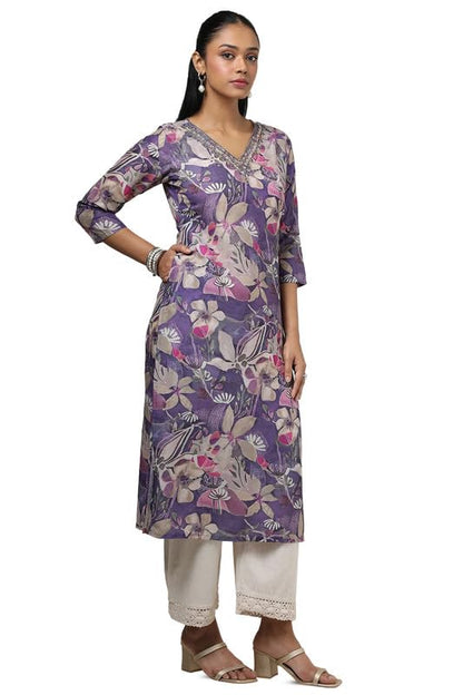 Soch Womens Purple Muslin Floral Print Kurta With Mirror & Cutdana
