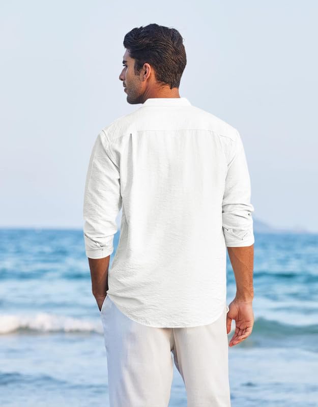 Macsivo Cotton Blend Solid Casual Short Kurta For Men Long Sleeve Mandarin Collar Stylish Shirt Kurta For Men Sky
