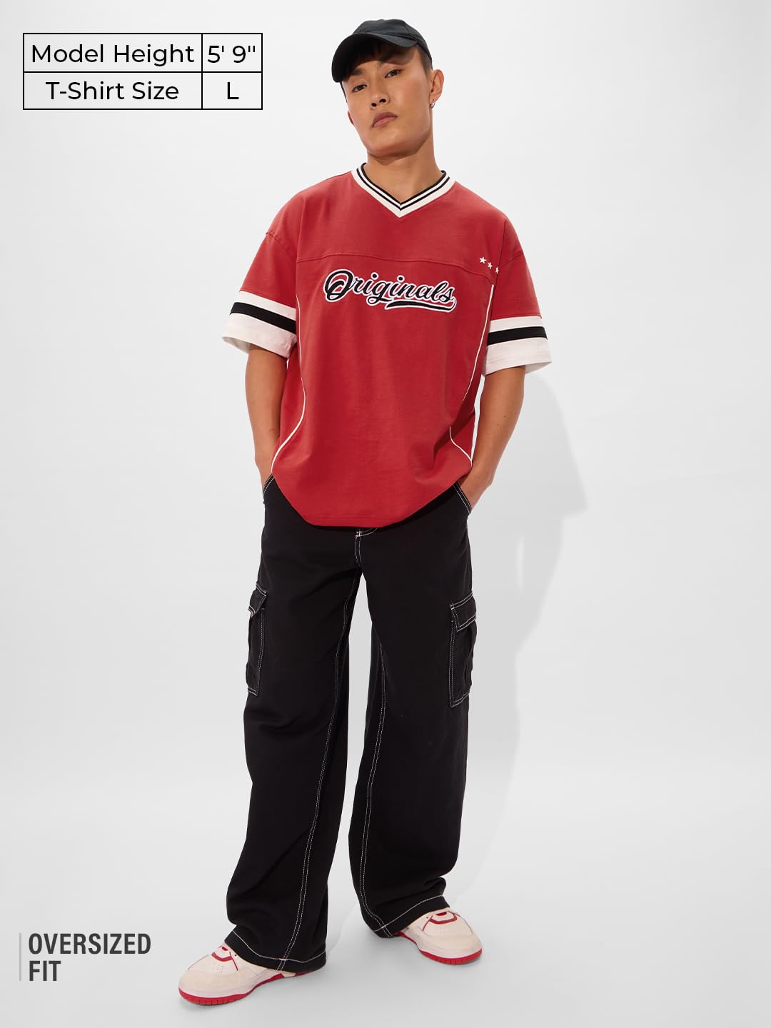 The Souled Store Fiesta Men and Boys Short Sleeves V- Neck Red Embroidered Cotton Oversized T-Shirts