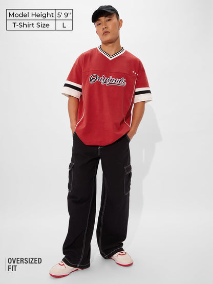 The Souled Store Fiesta Men and Boys Short Sleeves V- Neck Red Embroidered Cotton Oversized T-Shirts