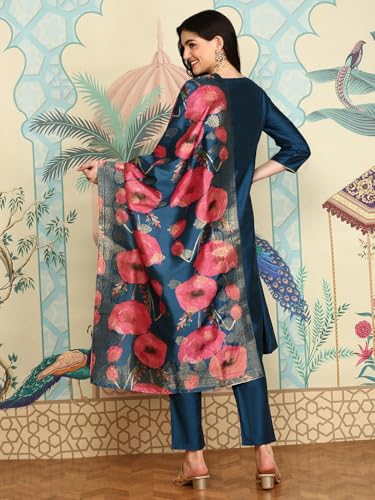 Ishin Navy Blue Notched Neck A-Line Kurta With Trousers & Dupatta | Kurta Set For Women | Kurta With Trousers And Dupatta