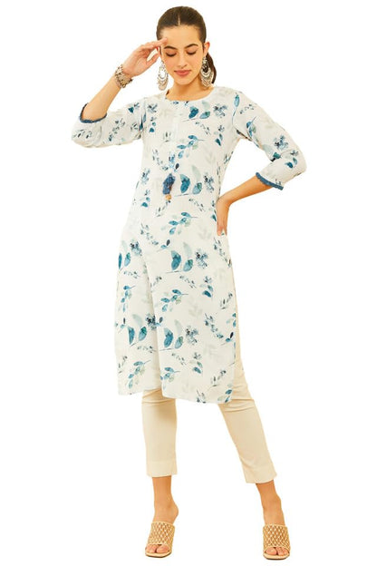 Soch Womens White Viscose Blend Botanical Printed Kurta With Tassels