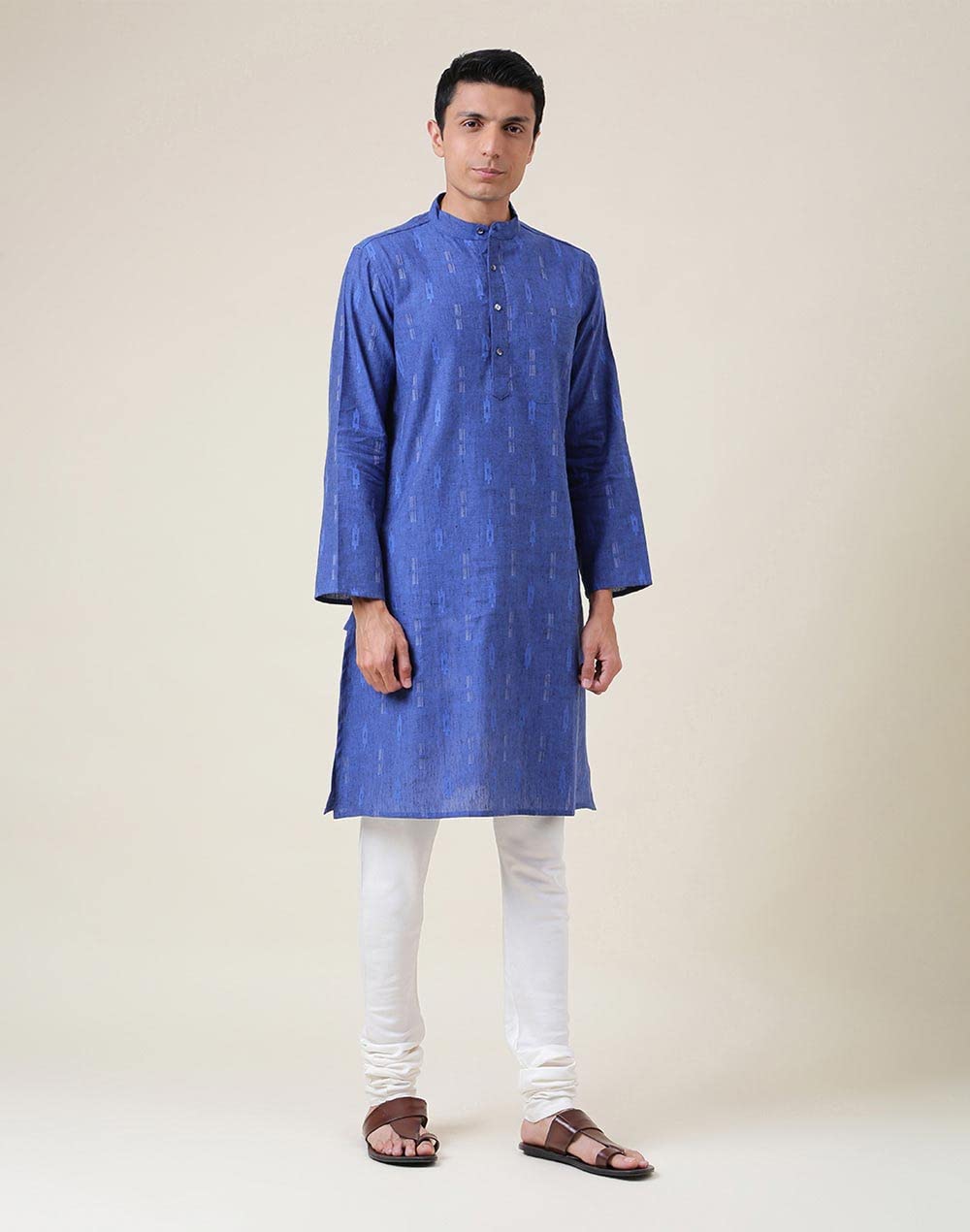 Fabindia Men's Linen Blend Relaxed Kurta (209950601_Blue