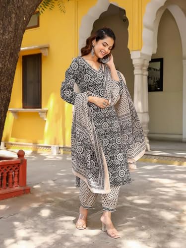 Tee Projekt WomenS Cotton Blend V Neck Kurta Pant With Dupatta Set Ll Casual Wear Women Grey