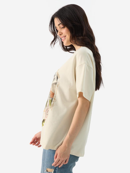 The Souled Store Official Harry Potter: Hogwarts Women and Girls Short Sleeve Round Neck Off White Graphic Printed Cotton Oversi