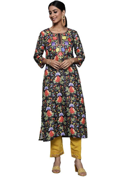 Varanga Black Pashmina Floral Printed Straight Winter Kurta with Three Quarter Sleeves