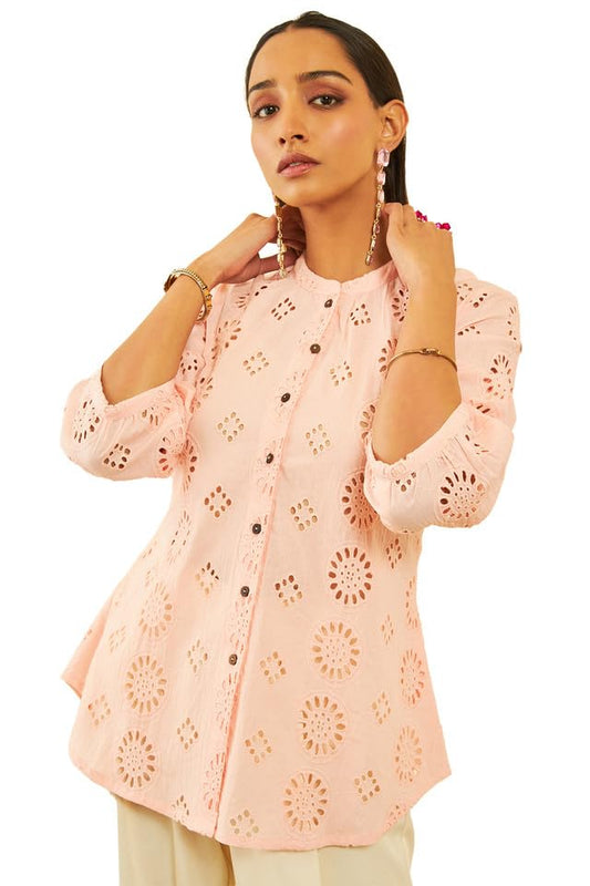 Soch Womens Peach Cotton Floral Schiffli Design Tunic