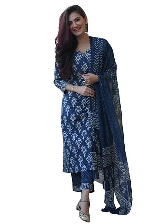 KLOSIA Women Blue Indigo Printed Kurta Set with Dupatta (X-Large)