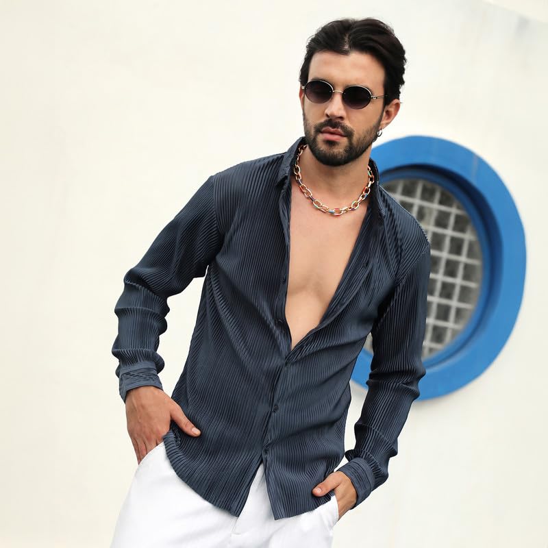 Campus Sutra Mens Navy Blue Pleat-Creased Shirt for Casual Wear | Spread Collar | Long Sleeve | Button Closure | Shirt Crafted