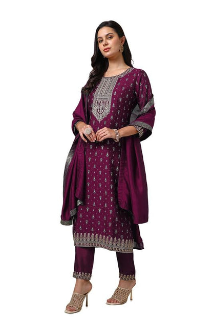 Soch Womens Wine Viscose Blend Foil Print Suit Set With Thread Work