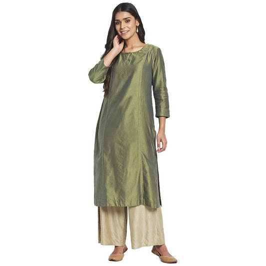 Fabindia Women Cotton Silk Embroidered Long Kurta Green