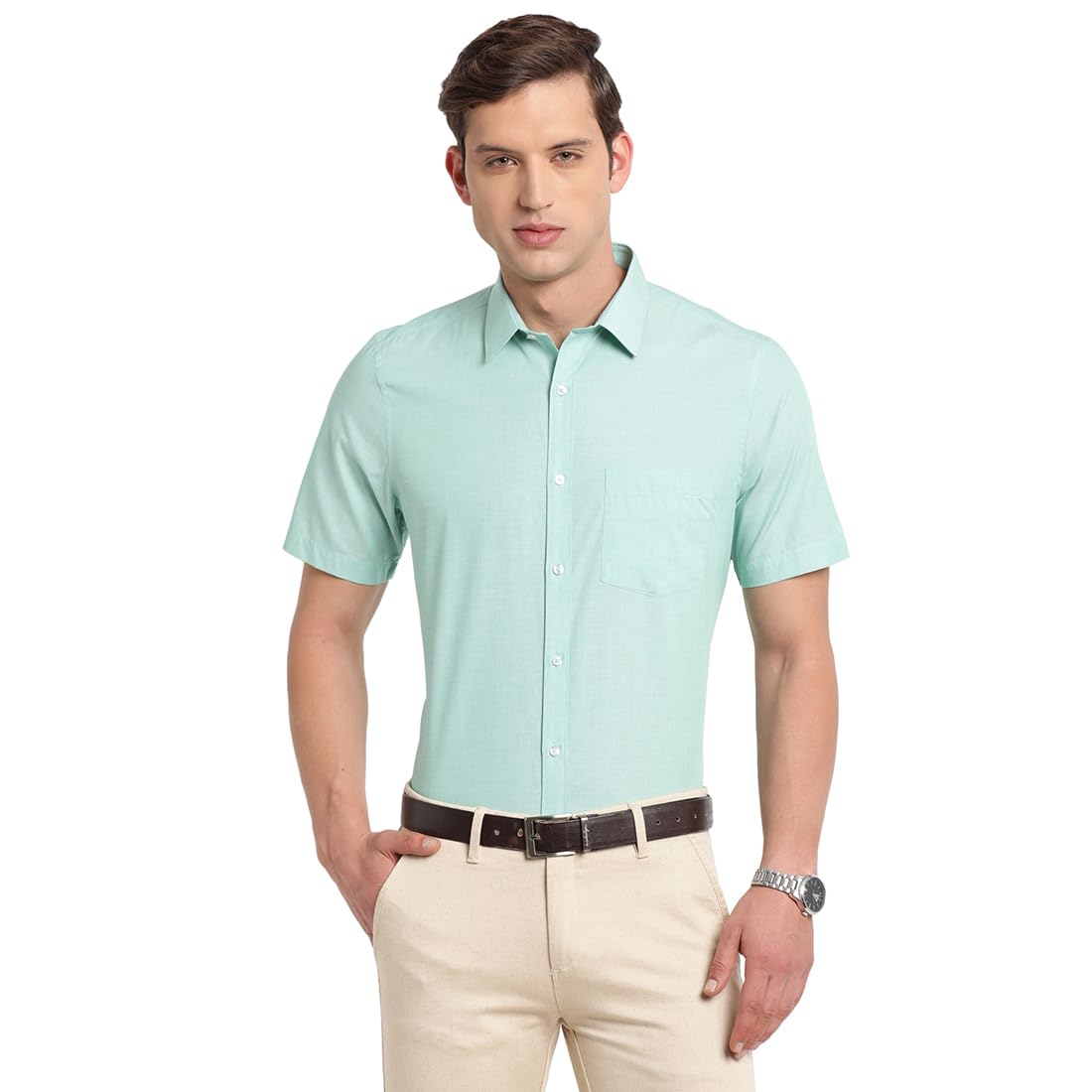 Turtle Men Green Slim Fit Solid Pure Cotton Formal Shirt