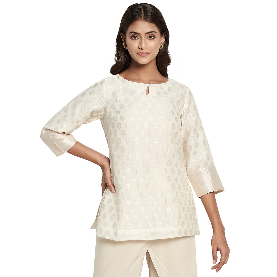 Fabindia Women Cotton Silk Blend Slim Fit Short Kurta Natural_Xxl
