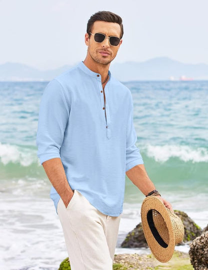 Royalscout MenS Regular Fit Solid Cotton Blend Straight Short Kurta | Full Sleeves Kurta Sky Blue