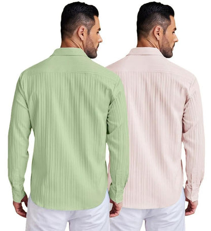 Deelmo Combo Of MenS Casual Button Down Shirts Long Sleeve Linen Shirt Fashion Textured Summer Shirts Pack Of 2