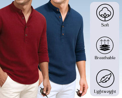 Deemoon Combo Of MenS Cotton Blend Solid Regular Fit Full Sleeve Short Kurta | MenS Trendy Short Kurta Pack Of 2 (Available In