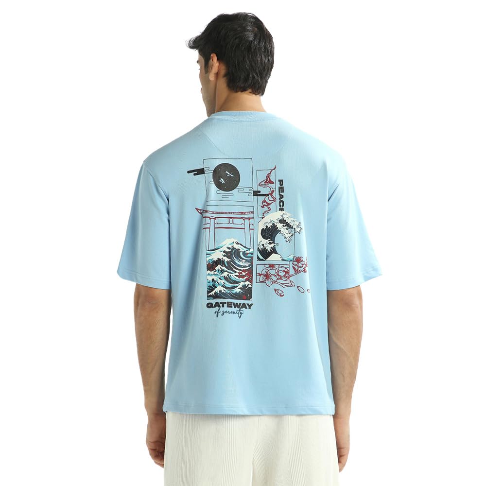 Nobero MenS Printed Oversized Fit T-Shirt (1M-Twrt-R0006-Ozpm_Powder Blue_1