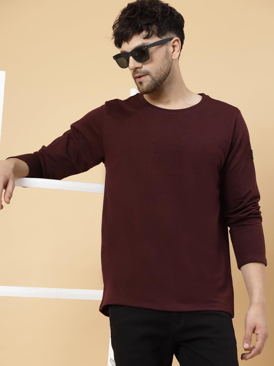 Rigo Full Sleeves Terry Oversized T-Shirts for Men | Round Neck T-Shirt for Men | Casual T-Shirts for Men Wine
